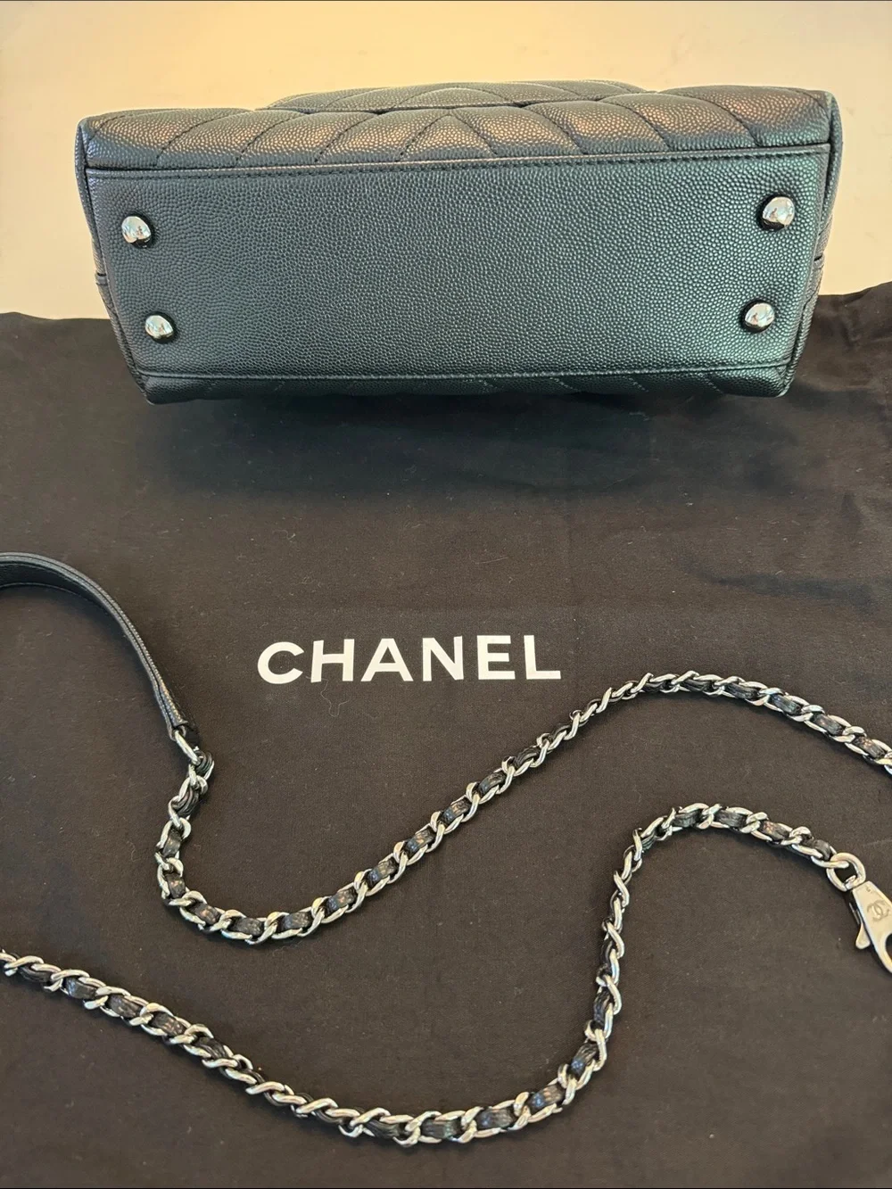 CHANEL Black Chevron Quilted Top-Handle Satchel with Chain Strap